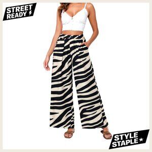 Wide Leg Palazzo Pants with Pockets, Elastic Waist, Office Wear